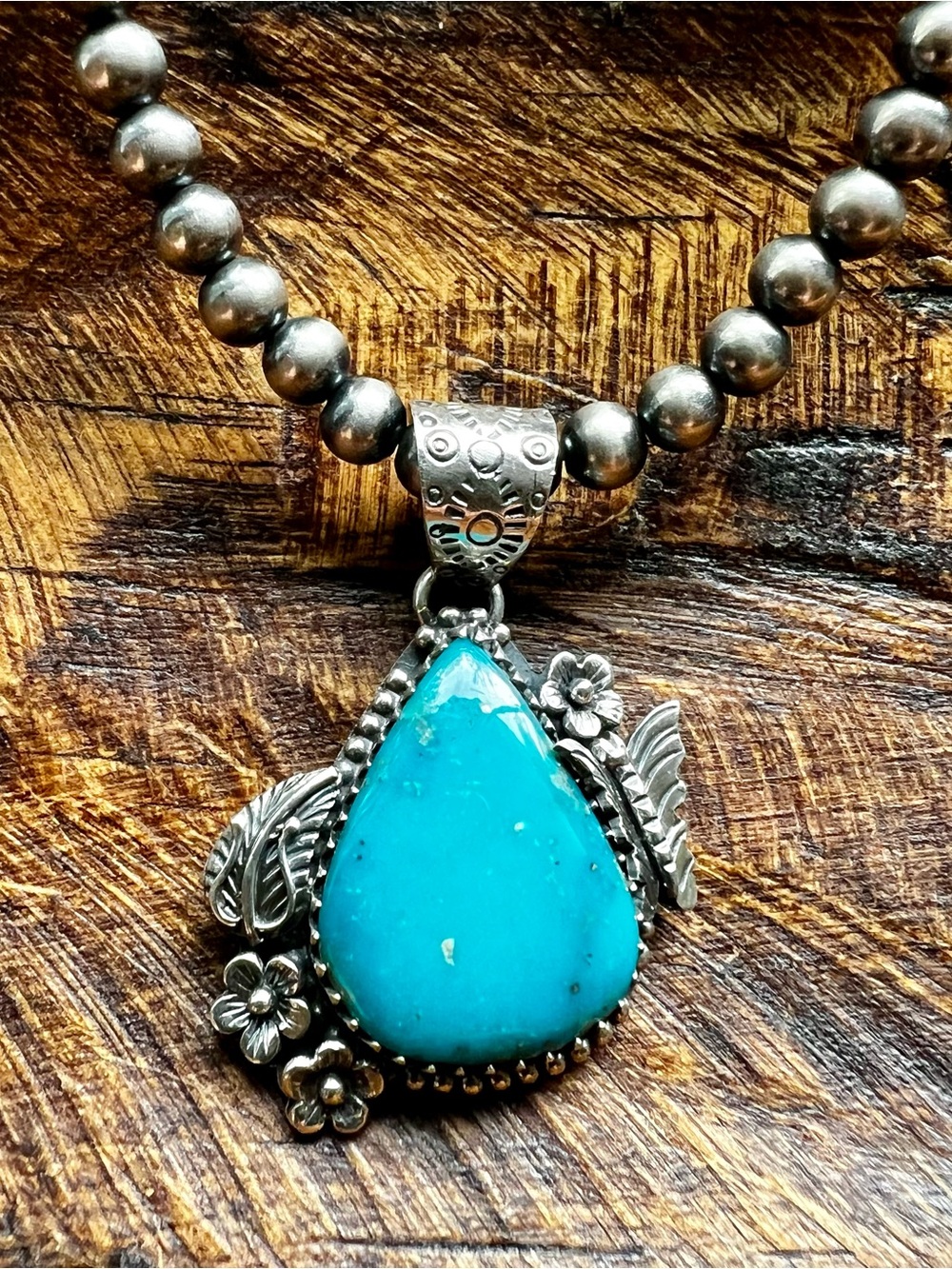 925 Sterling Silver Kingman Turquoise Teardrop Pendant Floral Southwest - Picture 2 of 12